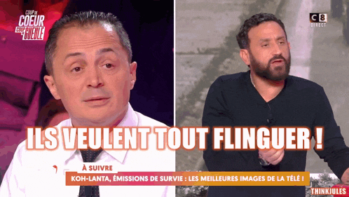 a man with a beard is talking to another man with the words ils veulent tout flinguer in front of him