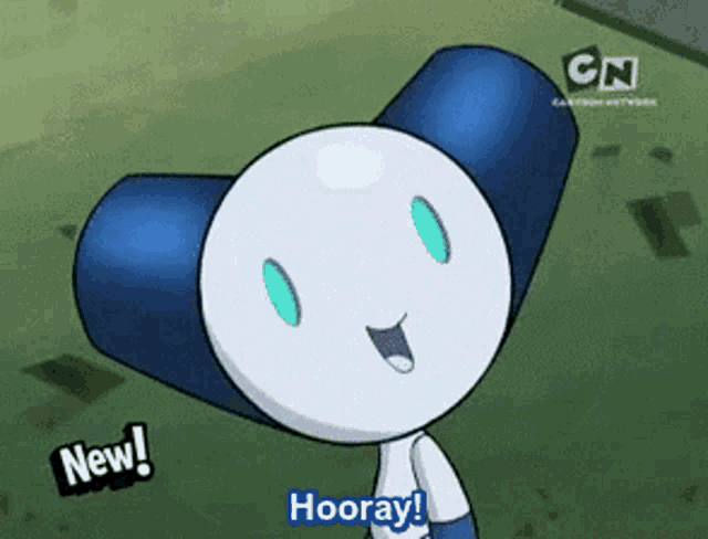 a cartoon character says " new hooray " on the screen