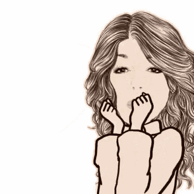 a black and white drawing of a woman covering her mouth with her hand .