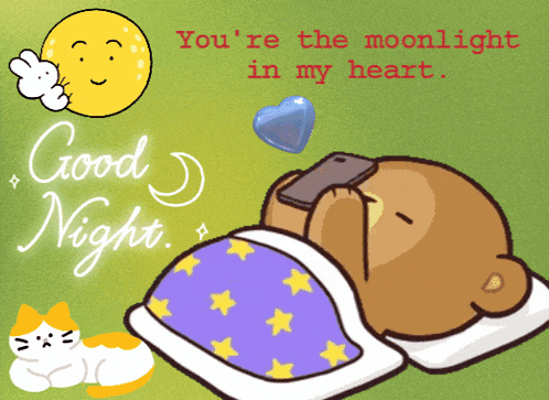 a cartoon of a teddy bear laying in bed with the words " you 're the moonlight in my heart "