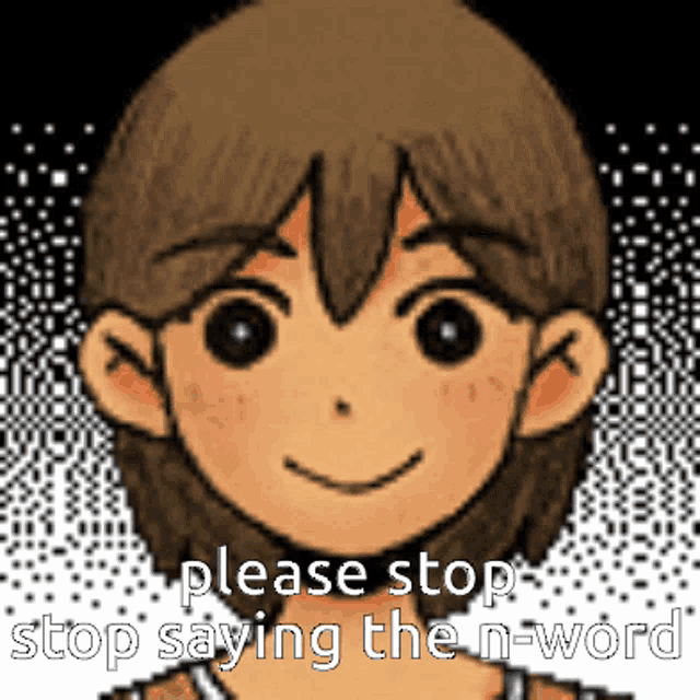 a cartoon of a boy with the words please stop saying the n-word below him