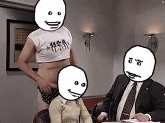 a man in a crop top is standing next to a woman and a man in a suit and tie .