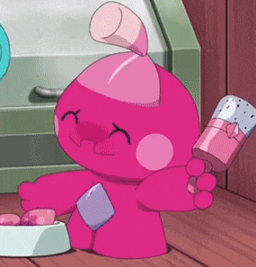 a pink cartoon character is holding an ice cream bar