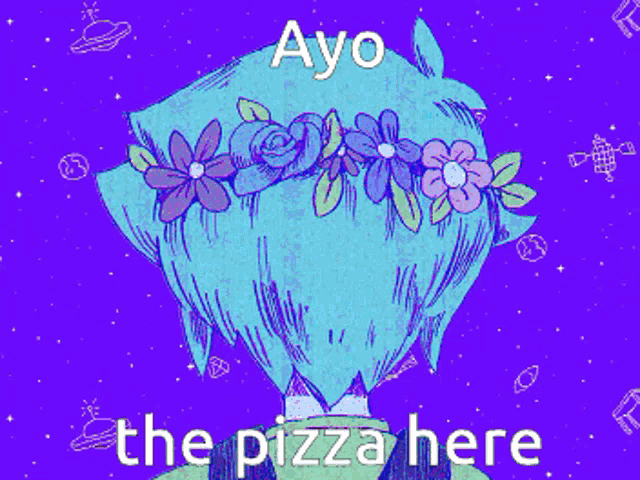 a person with a flower crown on their head is holding a pizza .