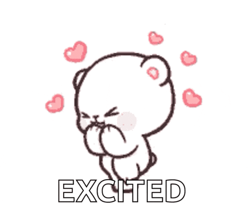 a cartoon of a bear with hearts around it and the words excited