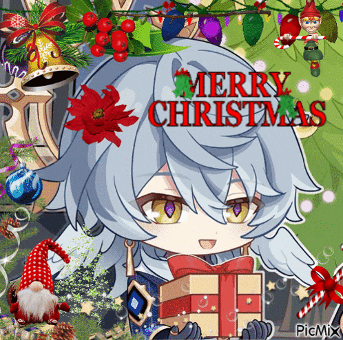 a merry christmas greeting card with a girl holding a gift box