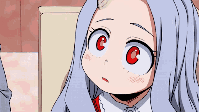 a close up of a cartoon character with red eyes and white hair