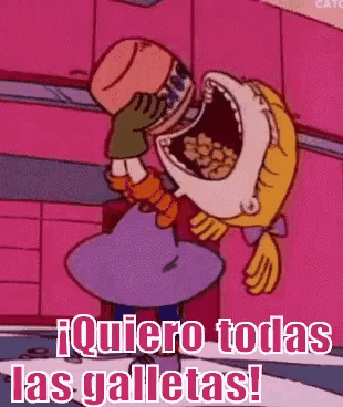a cartoon character says quiero todas las galletas in a pink kitchen