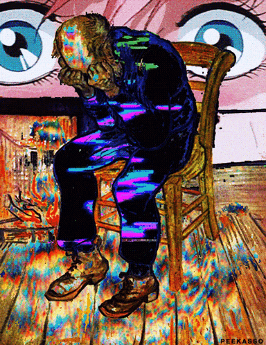 a colorful painting of a man sitting in a chair with his head in his hands