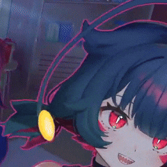 a close up of a girl with red eyes and blue hair