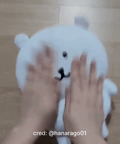 a person is petting a white stuffed animal with their hands