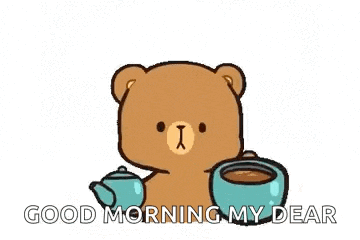 a cartoon teddy bear is pouring coffee into a cup .