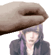 a pixelated image of a woman with purple hair and a hand on her head