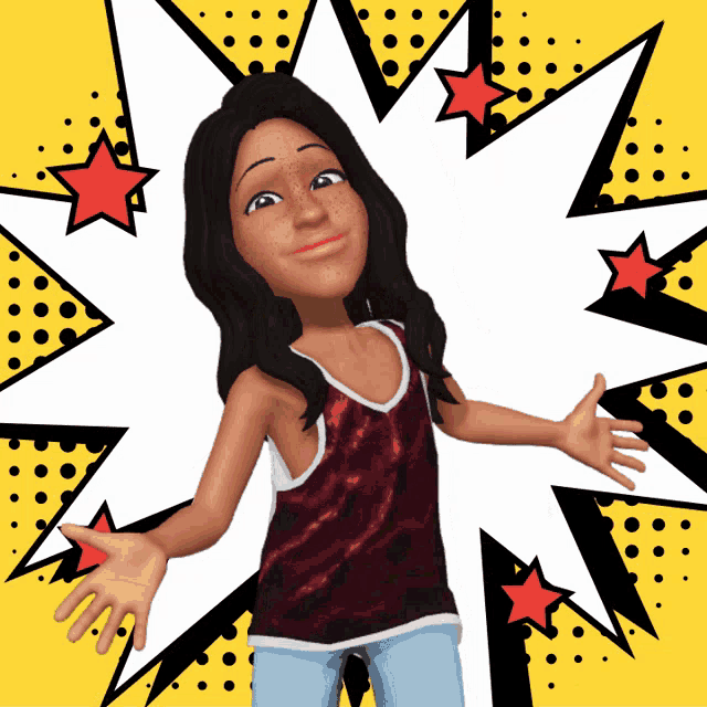 a cartoon of a girl with her arms outstretched in front of a comic book background
