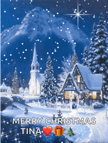 a picture of a snowy scene with the words merry christmas tina on the bottom