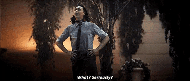 a man in a suit and tie is standing with his hands on his hips and asking what ? seriously ?
