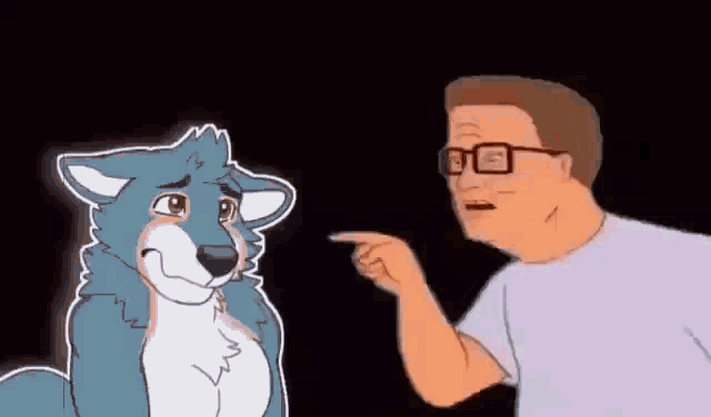 a cartoon of a man pointing at a furry animal with glasses .