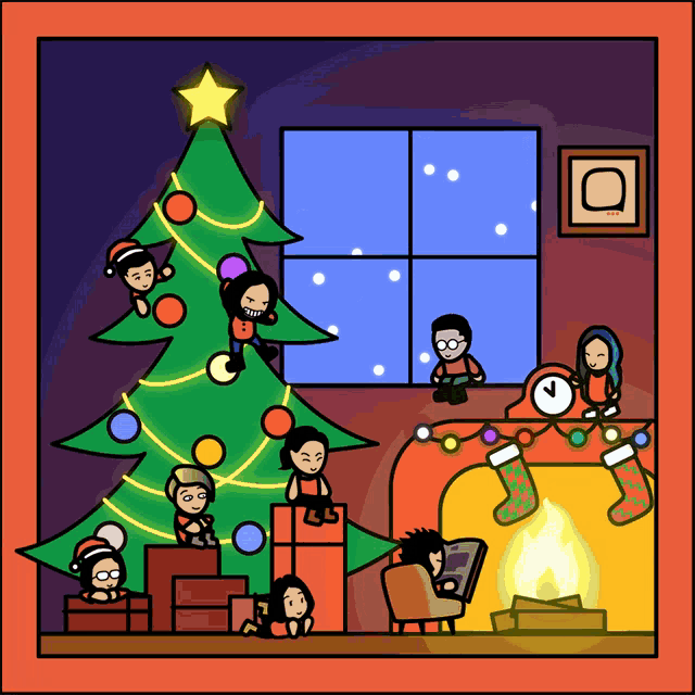 a cartoon drawing of a christmas scene with a christmas tree and stockings