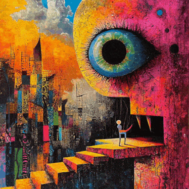 a colorful painting of a staircase with a giant eye in the background