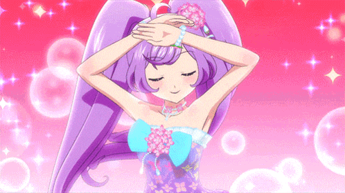 a girl with purple hair and a blue bow on her dress is covering her face with her hands