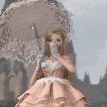 a girl in a dress is holding an umbrella over her face
