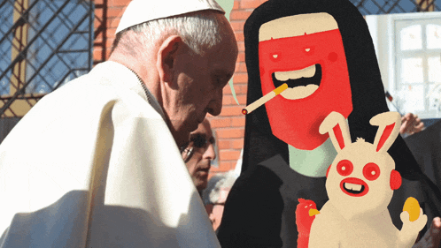 a man smoking a cigarette next to a nun with a bunny on her shoulder
