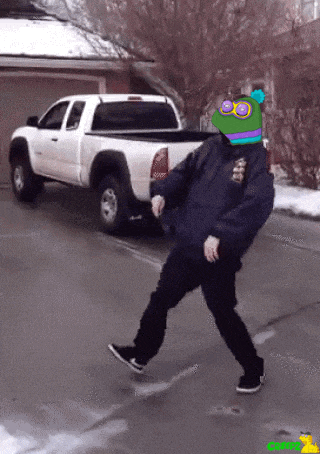 a white truck is parked in front of a person with a frog head