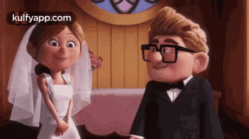 a bride and groom are standing next to each other in a church in a cartoon .