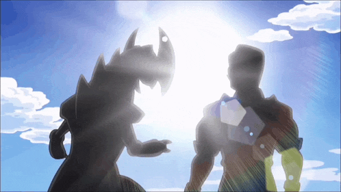 a silhouette of a man and a monster standing in front of the sun