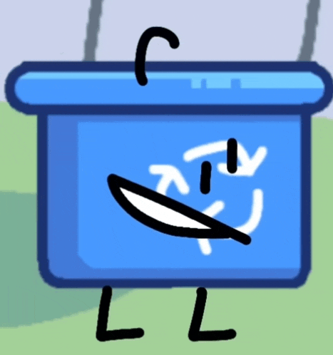 a cartoon drawing of a blue box with a face and arms