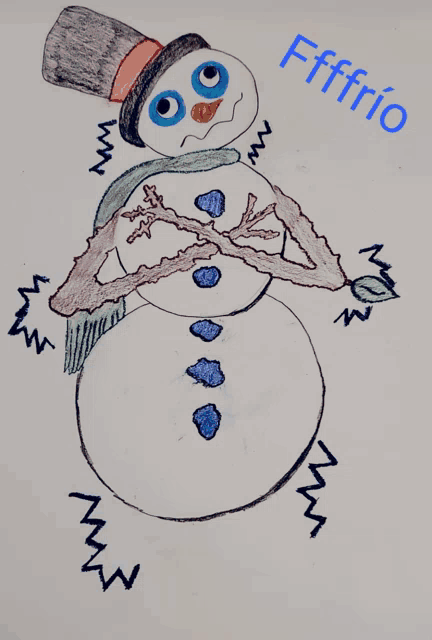 a drawing of a snowman with a top hat and scarf with the word ffffrio written on it