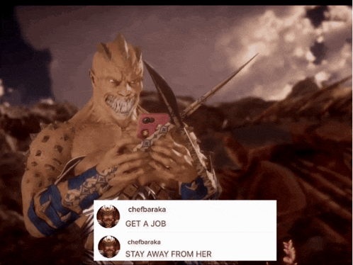 a video game character is holding a sword and looking at a cell phone with the caption chefbaraka get a job
