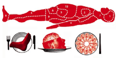 a drawing of a person laying on a table with a plate of food and a fork and knife