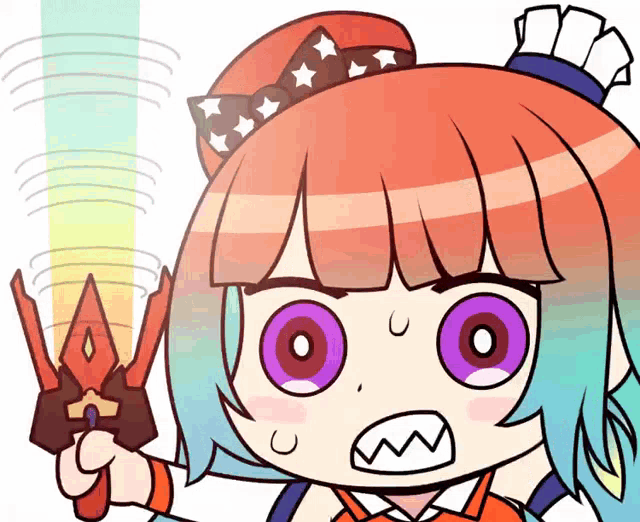a cartoon drawing of a girl with purple eyes holding a pair of scissors