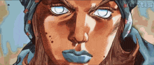 a close up of a person 's face with white eyes and blue lips