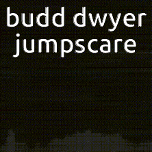 a black and white cartoon of a man in a suit and tie with the words budd dwyer jumpscare above him