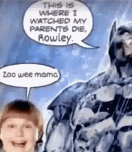 a cartoon of a man in a batman costume talking to a little girl .
