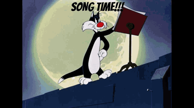 sylvester from looney tunes is holding a music stand and singing a song
