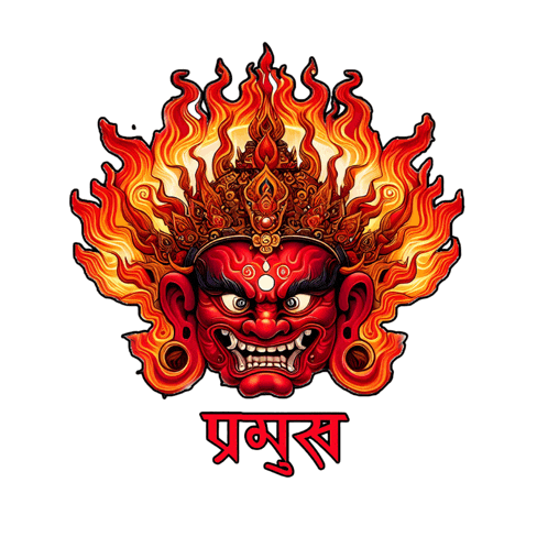 a drawing of a demon with a crown of flames and the word ' pramuk ' below it
