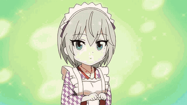 a girl in a maid costume is looking at the camera with her hands folded