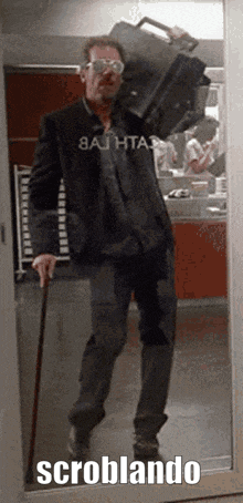 a man with a cane is carrying a briefcase and a briefcase with the word scrublando on the bottom