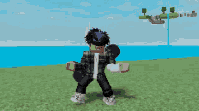 a cartoon character is standing in a field with a skateboard on his back