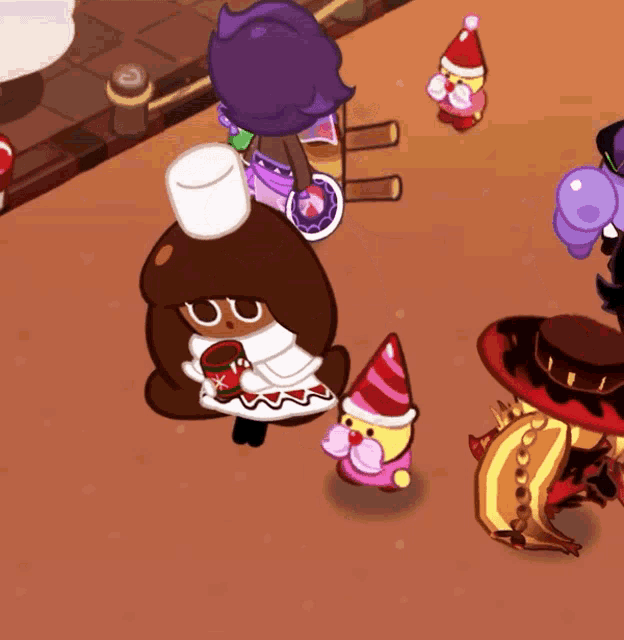 a cartoon character wearing a chef 's hat is standing next to another character wearing a santa hat