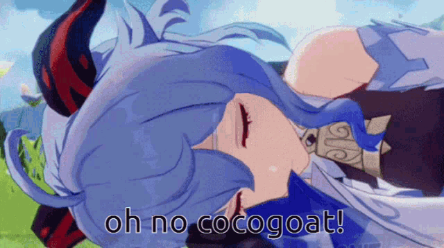 a girl with horns is laying down with the words oh no cocogoat written below her