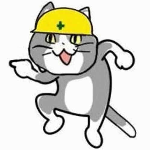 a gray and white cat wearing a yellow hard hat .