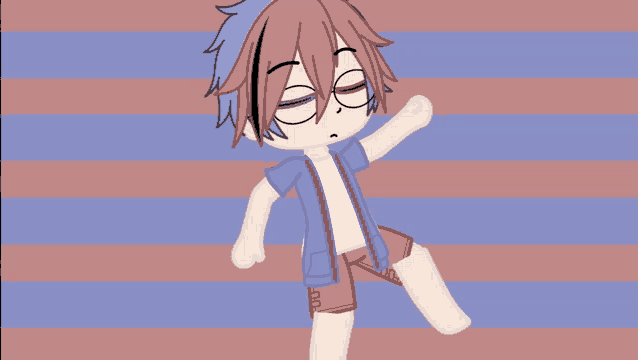 a cartoon character with a blue shirt and shorts is laying down on a striped background