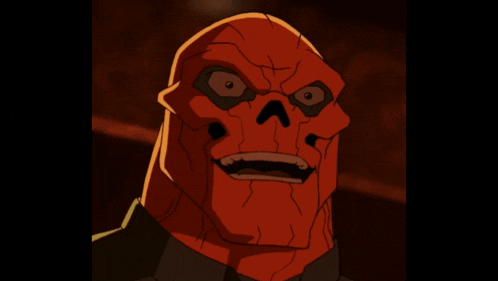 a close up of a cartoon character with a red skull mask