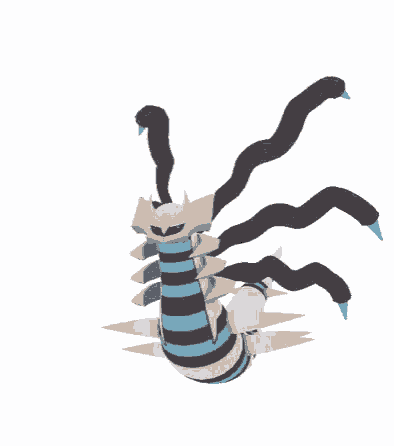 a 3d rendering of a pokemon with a striped body and blue claws flying in the air .