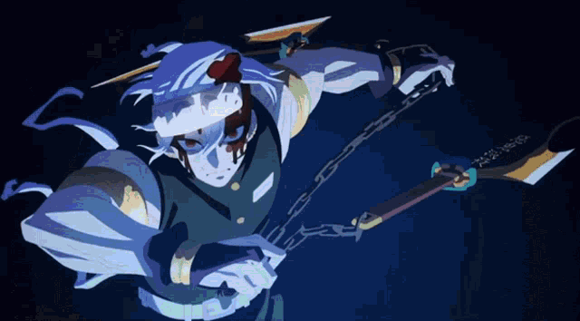 a person with a bandage on their head is holding a sword and chains