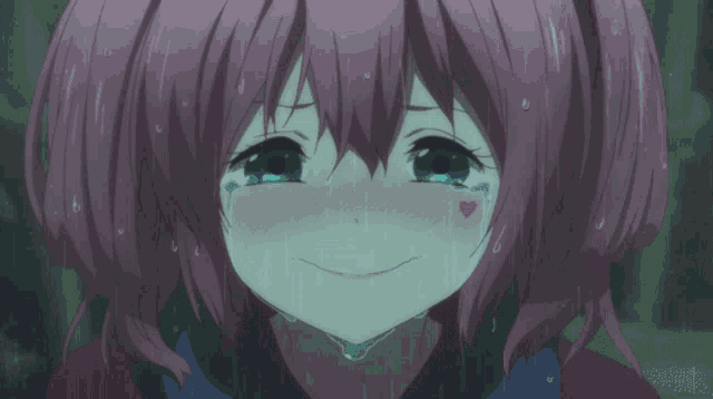 a girl with pink hair and green eyes is crying